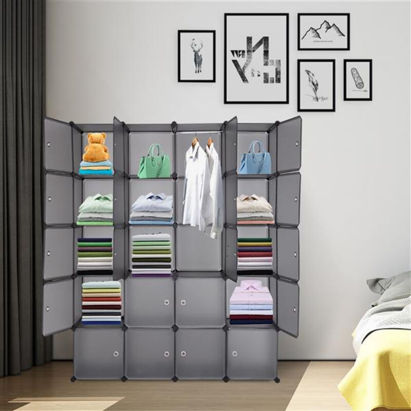 Multi-Functional 20-Cube Plastic Storage Shelves, Modular Closet Organizer with Hanging Rod & Doors