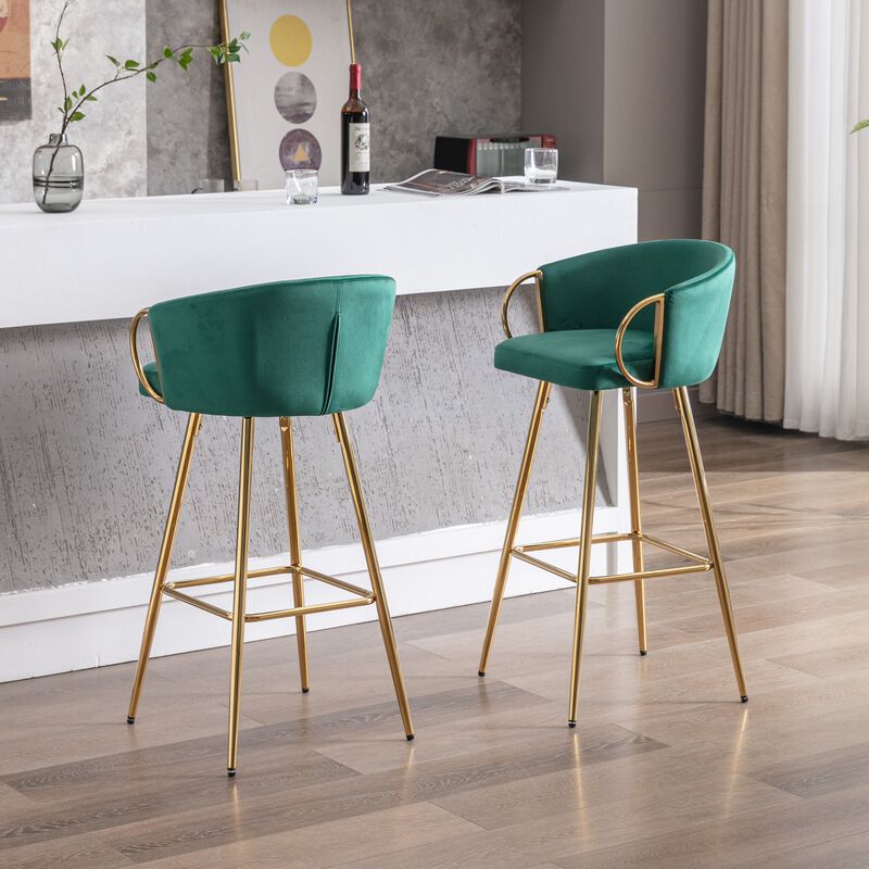 26 Inch Set of 2 Velvet Bar Stools with Chrome Footrest and Golden Base Counter Height Stools image number 2