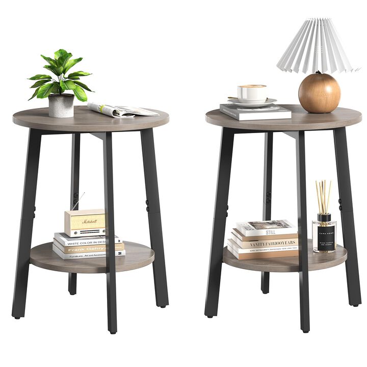 sthmec Side Table Set of 2, Small Round End Table with Storage Shelf for Small Space, 2-Tier Bedside Table Sofa Couch Table, Nig