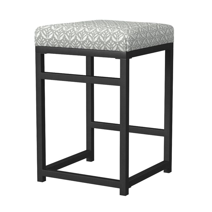 Toko Backless Counter Stool, Floral Gray Polyester, Black Metal