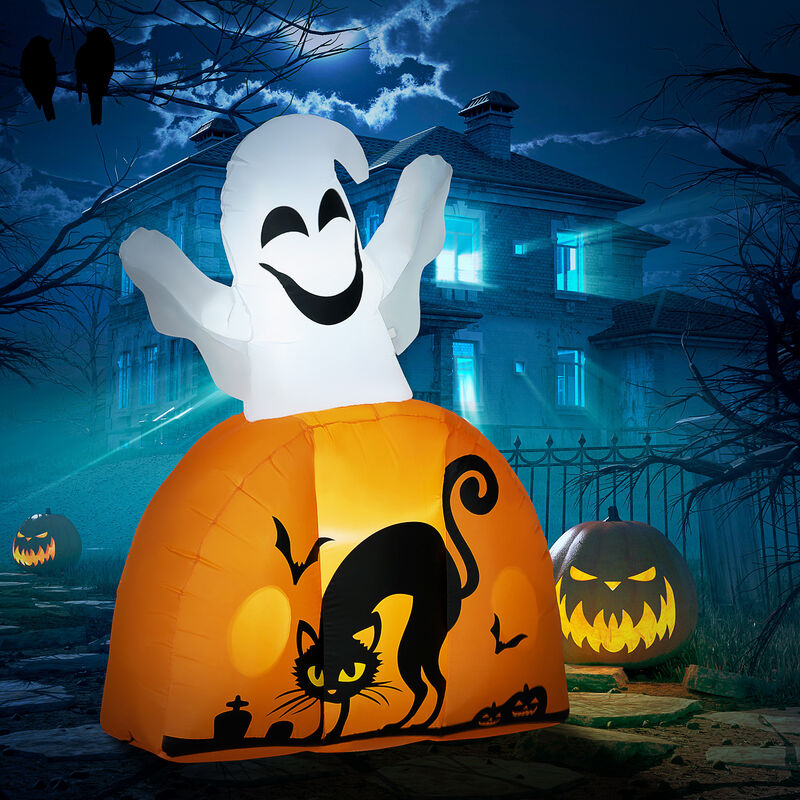 HOMCOM 5FT Halloween Inflatable Ghost with Pumpkin Base and LED Lights