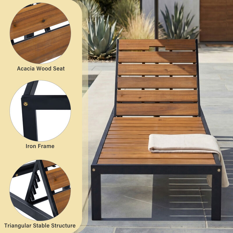 Merax Outdoor Chaise Lounge | 6-Position Adjustable Backrest, Steel Frame with Acacia Wood Slat Seat image number 4