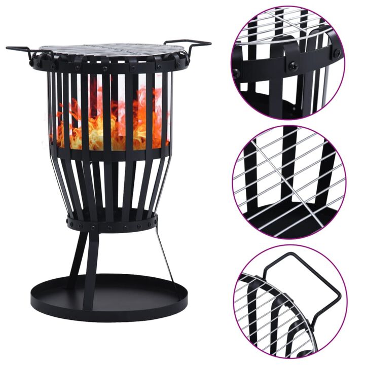 vidaXL Powder-Coated Steel Garden Fire Pit with Cook Grill - Portable BBQ Fire Basket with Stable Base - Ideal for Garden, Backyard, Outdoor and Patio - Black, 19"