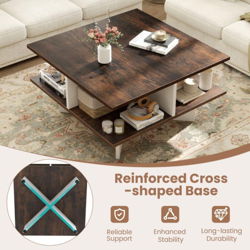 Hivvago 2-Tier Square Coffee Table with 4 Storage Compartments for Living Room