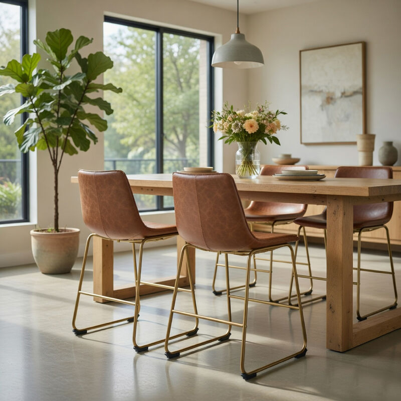 Cia Dining Side Chair Set of 2, Brown Faux Leather, Metal Frame Gold image number 8