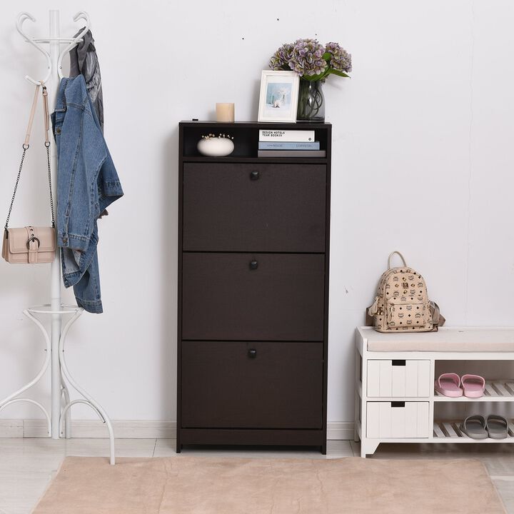 Trendy Shoe Storage Cabinet with 3 Large Fold-Out Drawers & a Spacious Top Surface for Small Items, Espresso