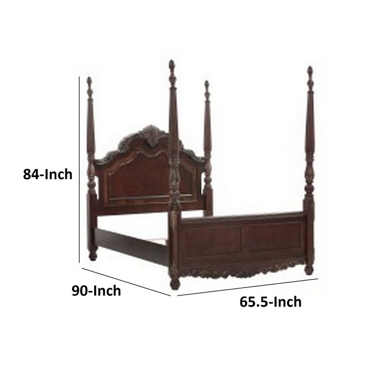 Park Queen Size Poster Bed with Shell Motifs and Burl Inlays, Brown Veneer - Benzara