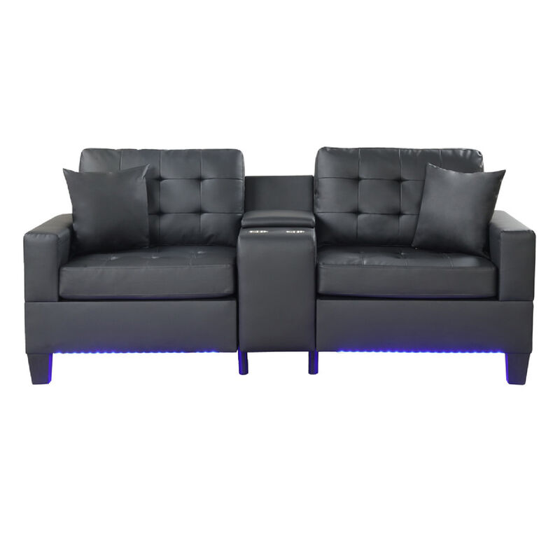 Iris Loveseat w 2 Pillows, LED, USB Ports, Black Faux Leather, 56 Inch