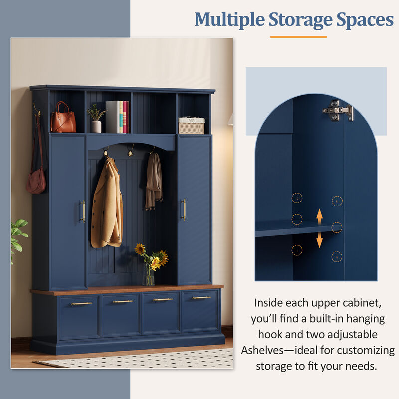 Merax Farmhouse Hall Tree with Gold-Tone Handles, Upper Cabinets with Hooks & Adjustable Shelves image number 5