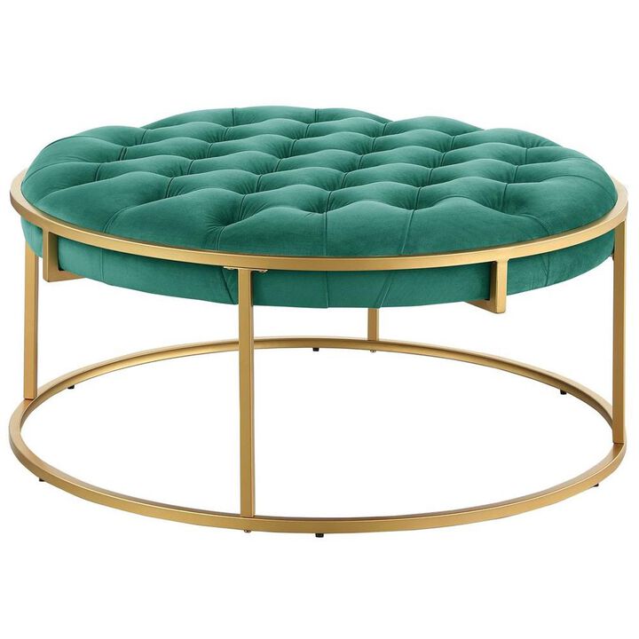 Conmara Velvet Round Accent Ottoman Green, Gold