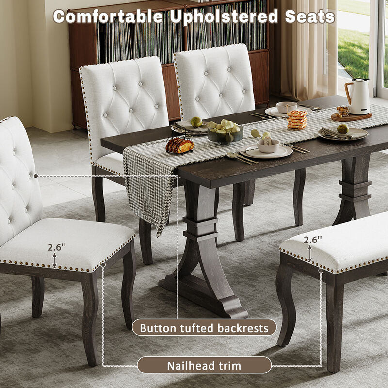 Whisen 6-Piece Dining Set with Bench, Farmhouse Natural Oak Table w/ 4 Upholstered Button Tufted Chairs, Solid Wood & MDF Kitchen Furniture image number 5