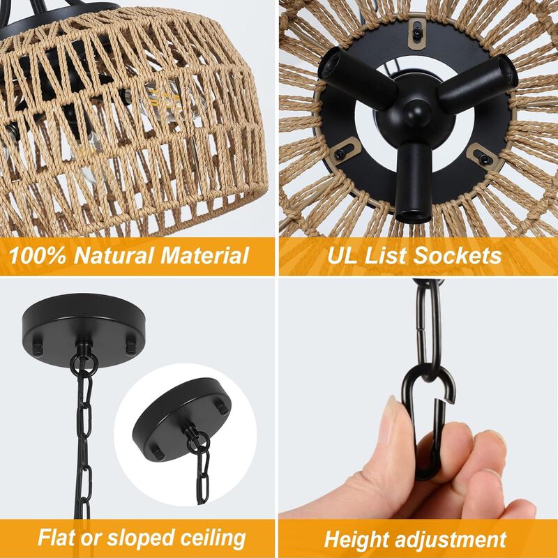 ELEMENT ACE 3-Light Boho Rattan Woven Ceiling Hanging Chandelier Pendant Light Fixture for Dining Room Kitchen Bedroom Island Hallway Entryway image number 5