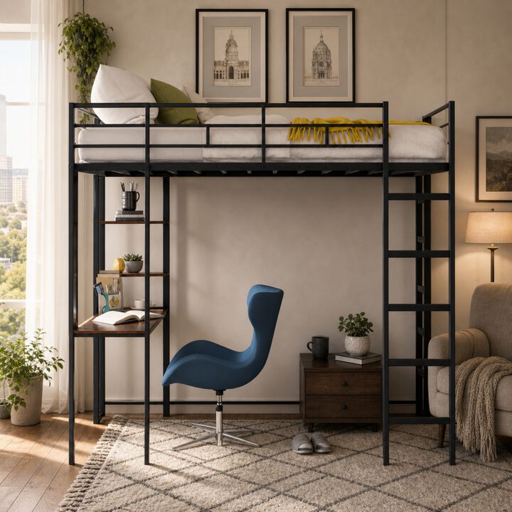 Whisen 79.5"x57" Full Size Metal Loft Bed with Desk 2 Shelves for Bedroom