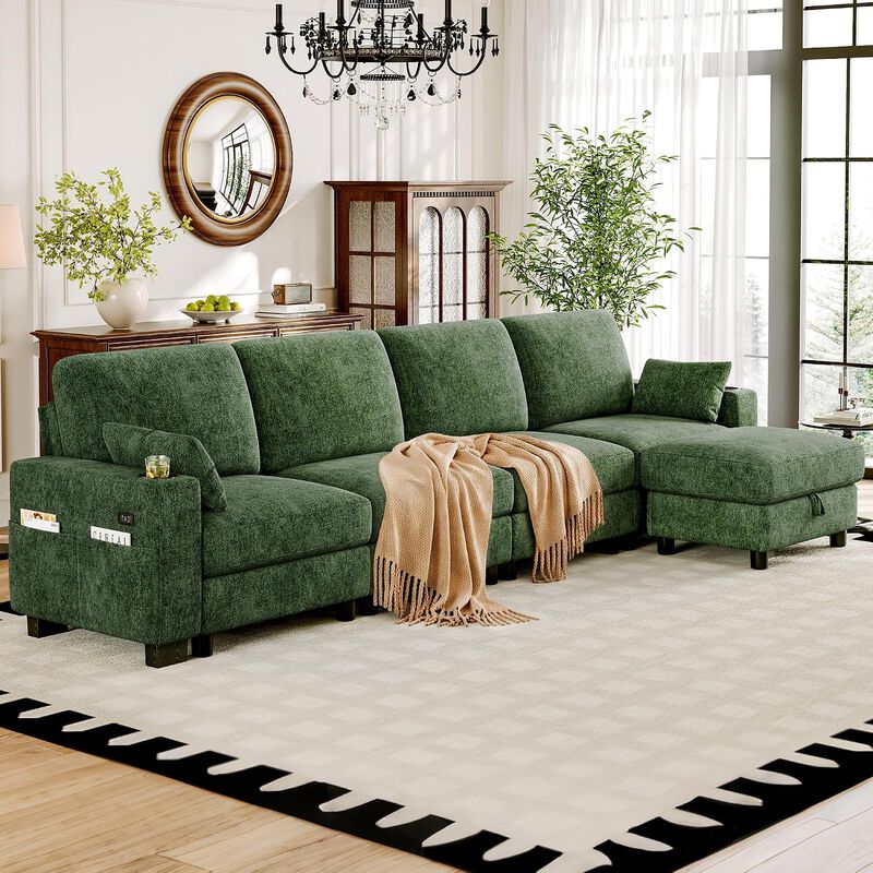 Vipbear 128 Inch Modular Sectional Sofa, Comfy Chenille 5 Seater L Shaped Cloud Couch with Ottoman image number 9