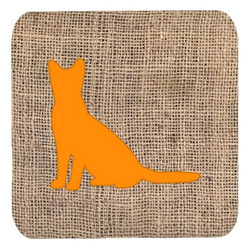 Caroline's Treasures BB1071-BL-OR-FC Cat Burlap and Orange Foam Coasters (Set of 4), 3.5 H x 3.5 W, Multicolor