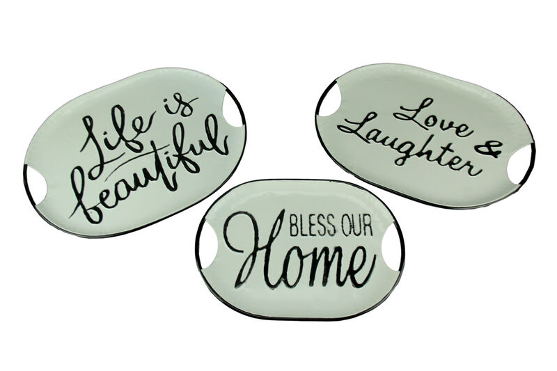 Black and White Decorative Metal Trays With Life Love and Home Wording Set of 3 image number 0