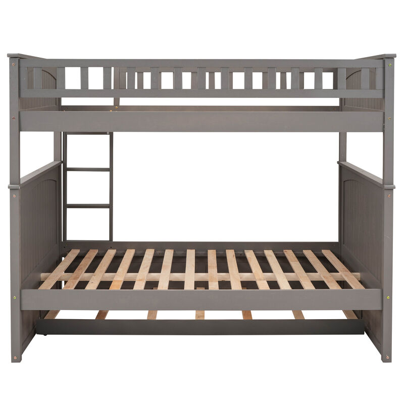 Full Over Full Bunk Bed With Twin Size Trundle, Pine Wood Bunk Bed With Guardrails, Gold