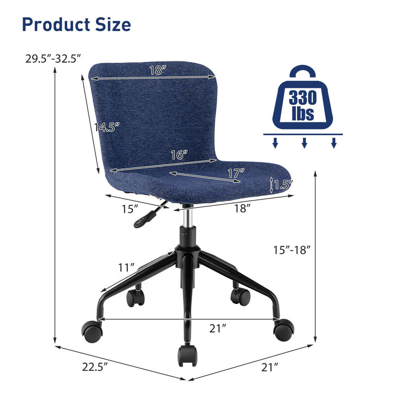 Costway Mid Back Armless Office Chair Adjustable Swivel Linen Task Chair Blue