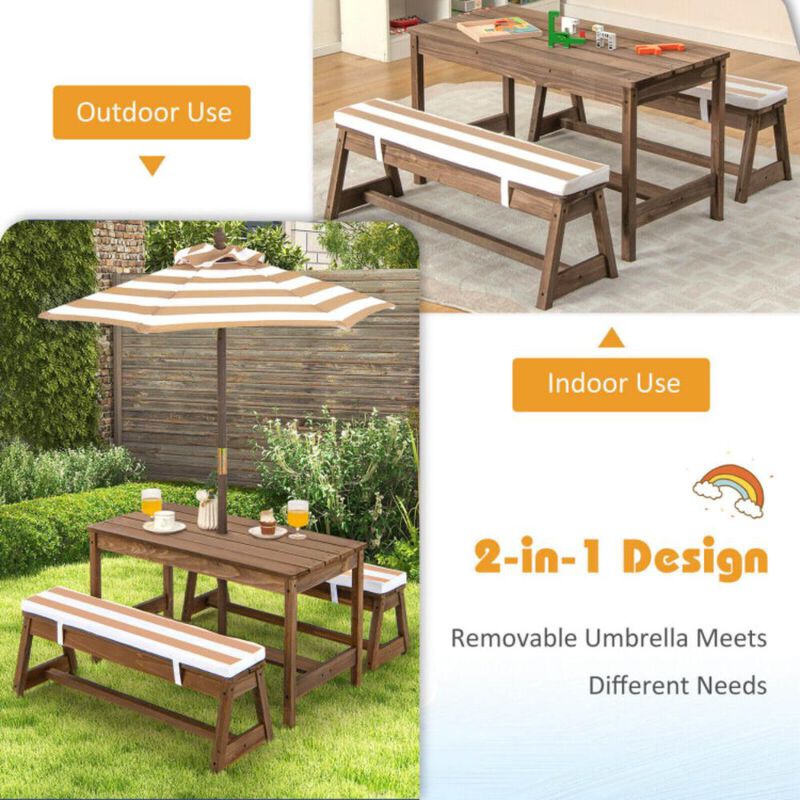 Hivvago Kids Picnic Table and Bench Set with Cushions and Height Adjustable Umbrella
