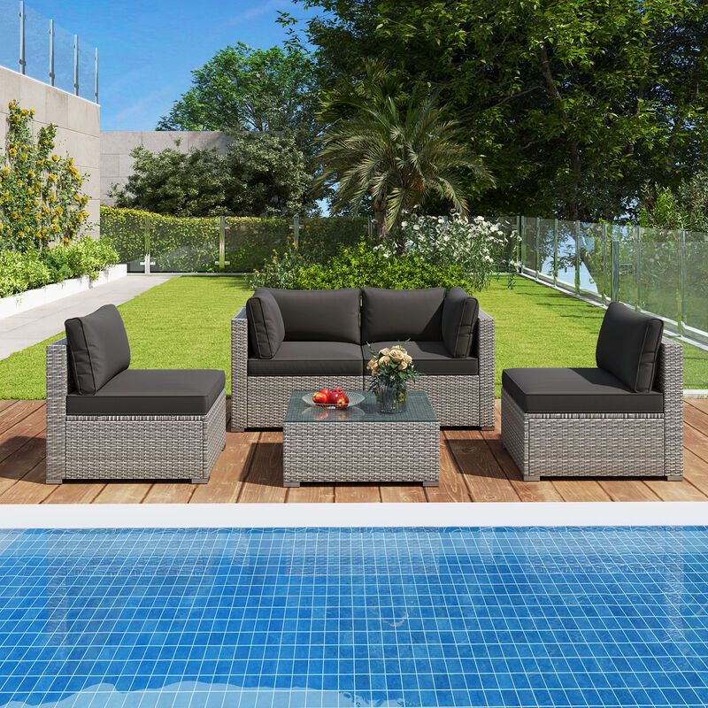 5-Piece Outdoor Patio Sectional Sofa Couch and Glass Coffee Table with Cushions