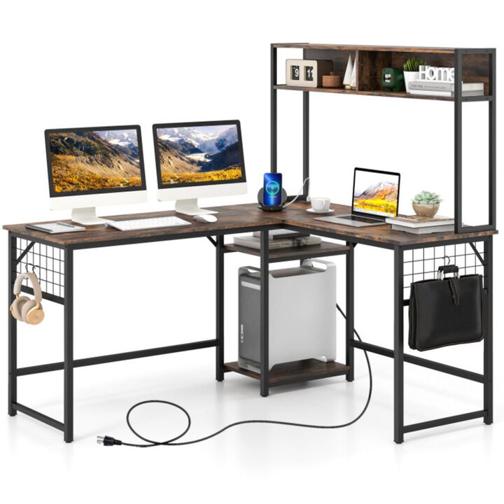 Hivvago L-shaped Desk with Power Outlet Hutch