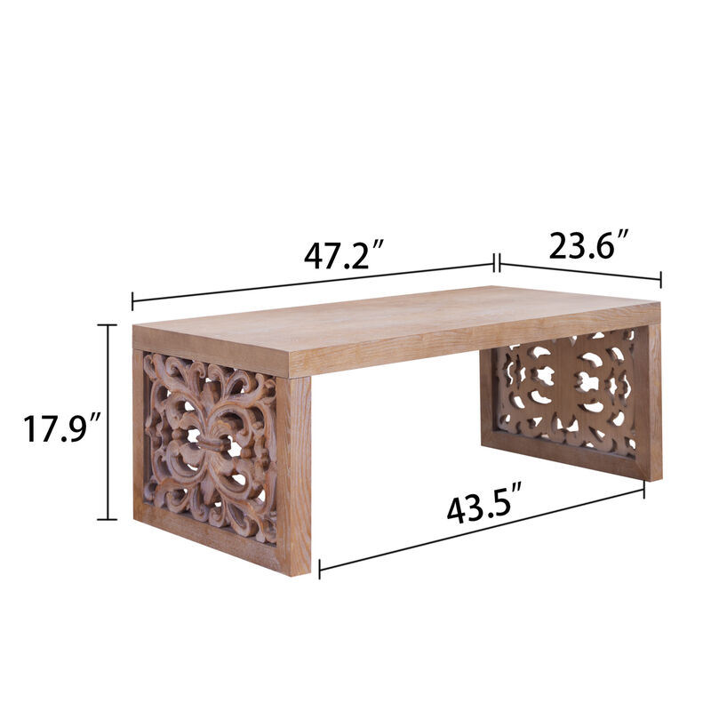GOODSILO Rustic Carved Wood Coffee Table with Ornate Side Panels and Natural Finish image number 2