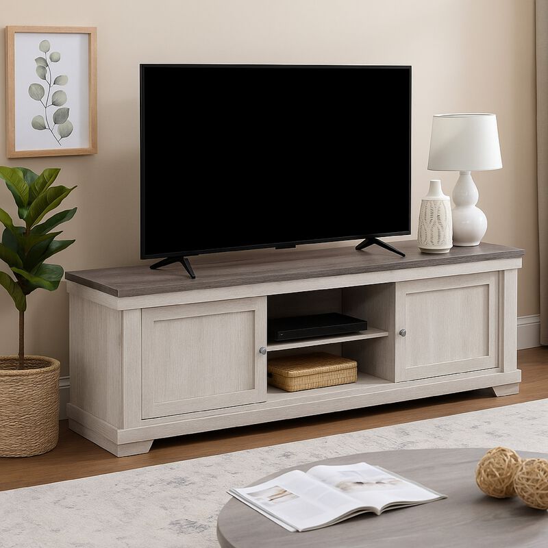 Leya TV Stand Media Cabinet, 2 Doors, 2 Shelves, Cable Cut Gray Wood