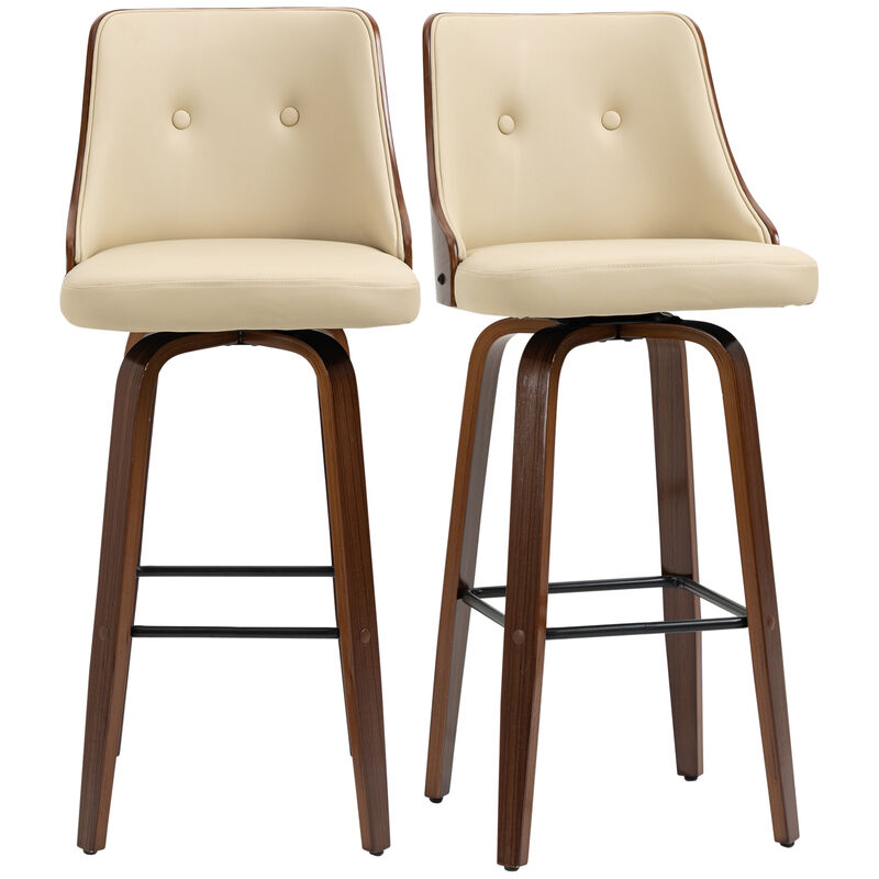 HOMCOM Bar Height Bar Stools, PU Leather Swivel Barstools with Footrest and Tufted Back, Set of 2, Beige