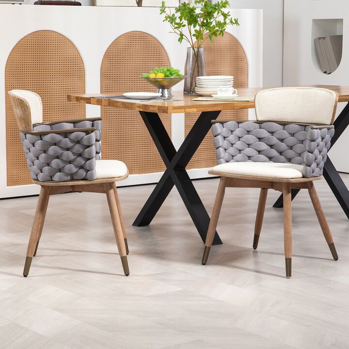 Glamour Home Set of 2 Bechor Beige and Gray Woven Fabric Dining Chair with Natural Wood Legs