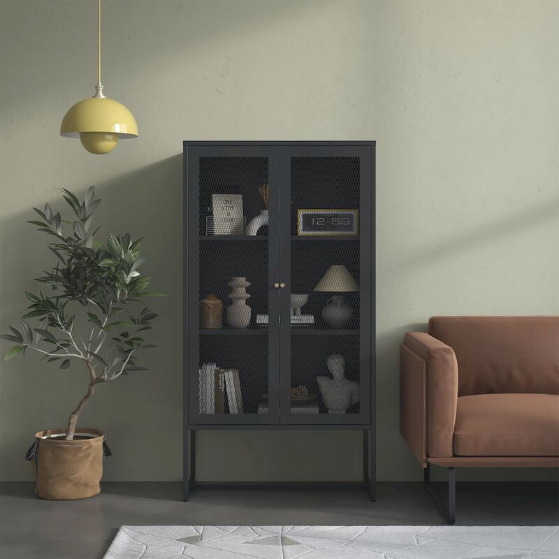 Glamour Home Bentley 59.11-inch Black Two Door Storage Cabinet with Mesh Doors