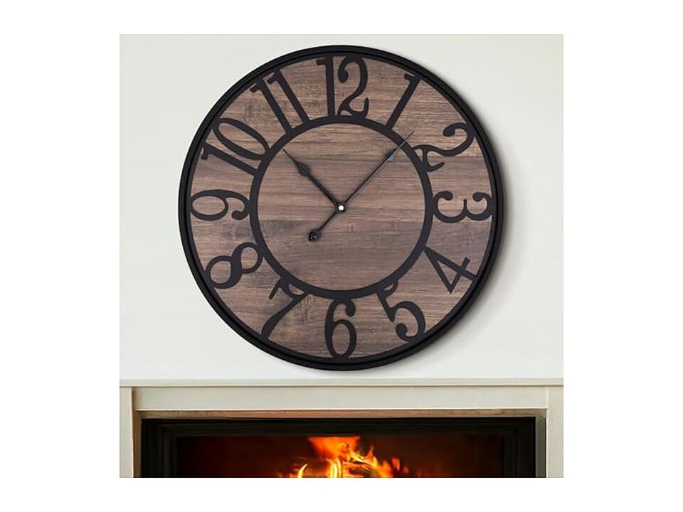 Wood Farmhouse Vintage Black Wall Clock 24 Inch Silent Non Ticking