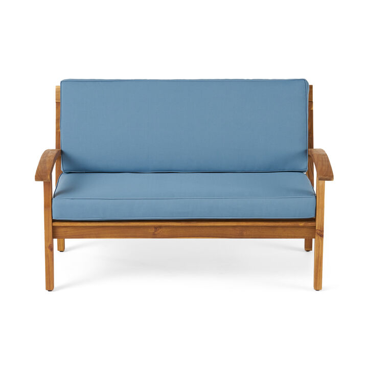 Merax Outdoor Loveseat Set with Side Table - Acacia Wood Patio Furniture, Water-Resistant Cushions, Compact Conversation Set for Deck/Garden