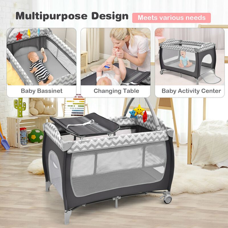 3-in-1 Portable Baby Playard with Zippered Door and Toy Bar - Grey