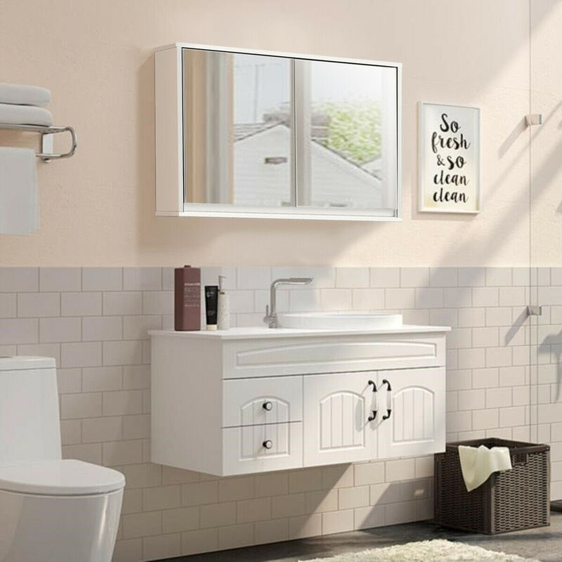 Costway Wall Mounted Bathroom Medicine Cabinet Storage Cabinet Double Mirror Door Organizer Shelf White