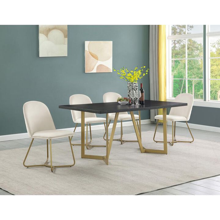5pc rectangle dining table- Black wood top w/ 4 cream velvet chairs