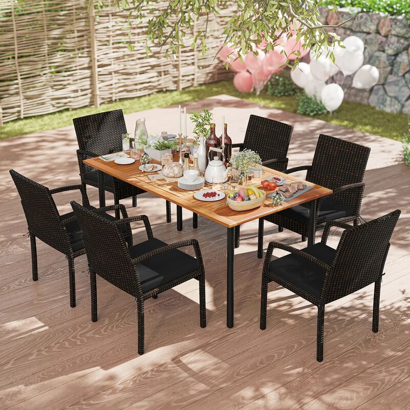 Mondawe 7 Pcs Patio Dining Set,Acacia Wood Table with 2.16" Umbrella Hole & 6 Cushioned Armchairs