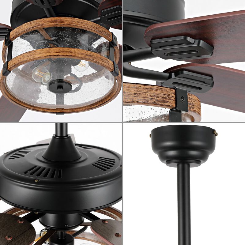 Joanna 52" 2-Light Rustic Industrial Iron/Wood/Seeded Glass Mobile-App/Remote-Controlled LED Ceiling Fan, Black/Brown/Clear