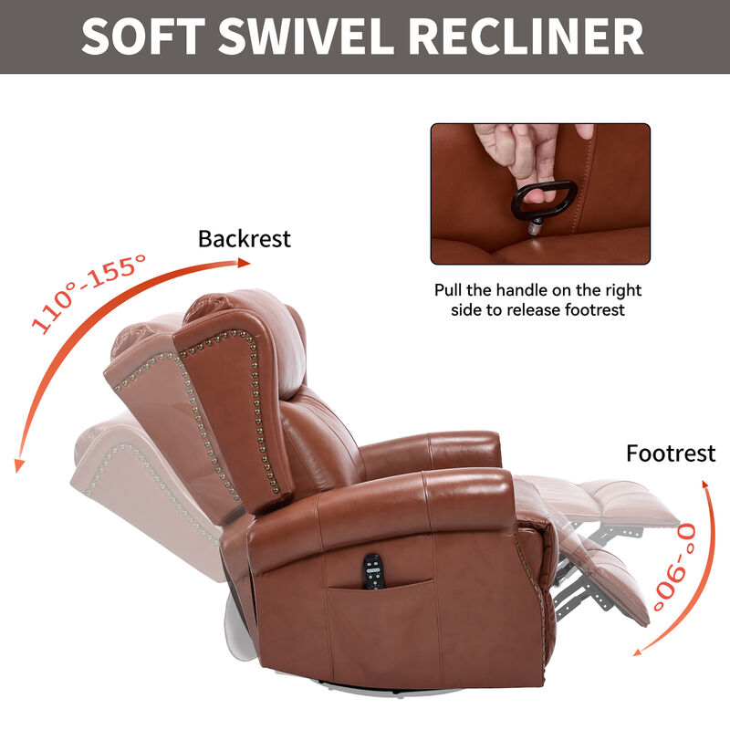 Genuine leather Heat Massage Manual Recliner Chair with Rocker and Swivel for Living Room image number 6