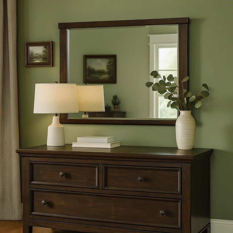 Rectangular Wooden Frame Mirror with Mounting Hardware, Walnut Brown