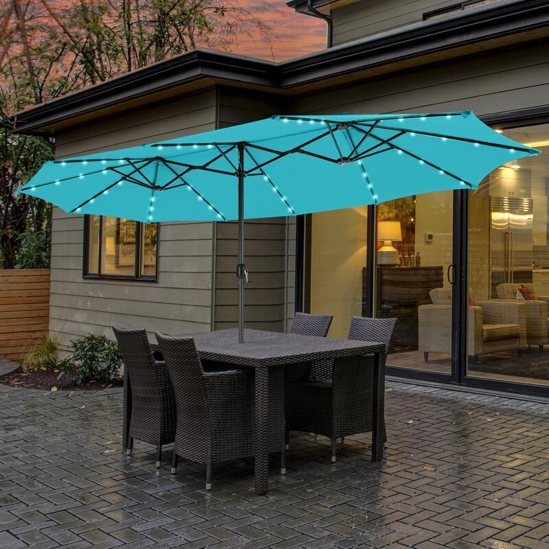 15 double-sided patio umbrella twin sun canopy Bigroof 15ft Extra Large Umbrella with Crank Handle & Umbrella Base Beige while the hand Outsunny 15ft Patio Umbrella Double