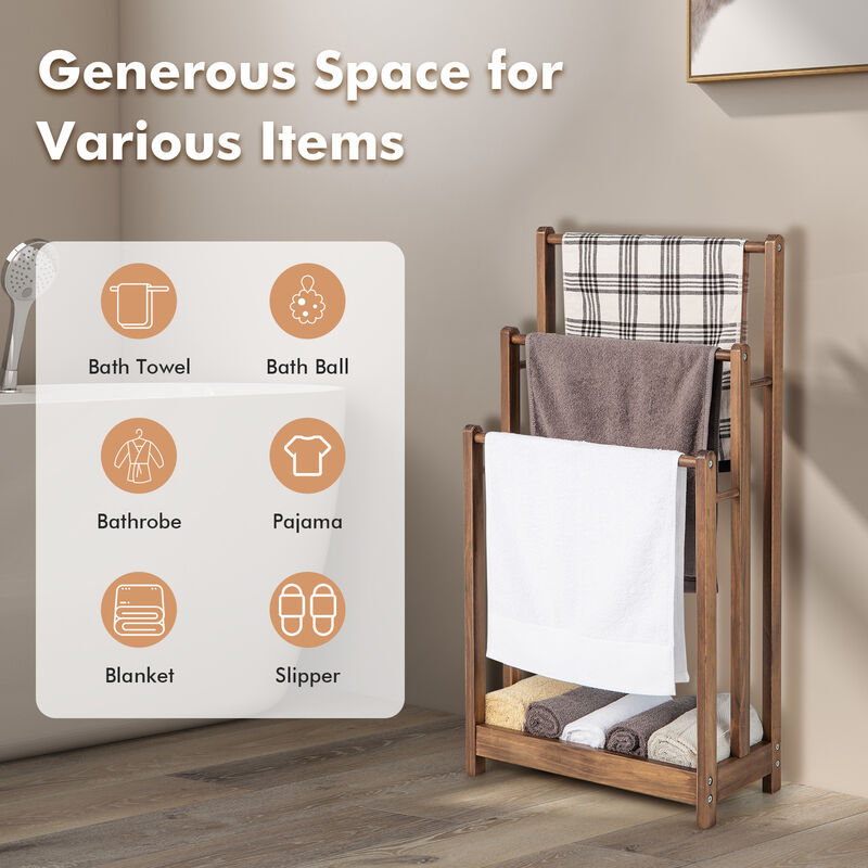 Freestanding Towel Rack 3-Bar Hand Towel Drying Stand with Bottom Storage Shelf