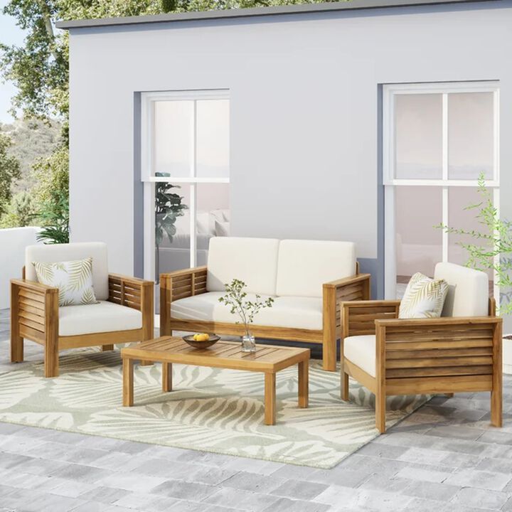 Merax Teak Acacia Wood Loveseat and Coffee Table Set with Cream Cushions