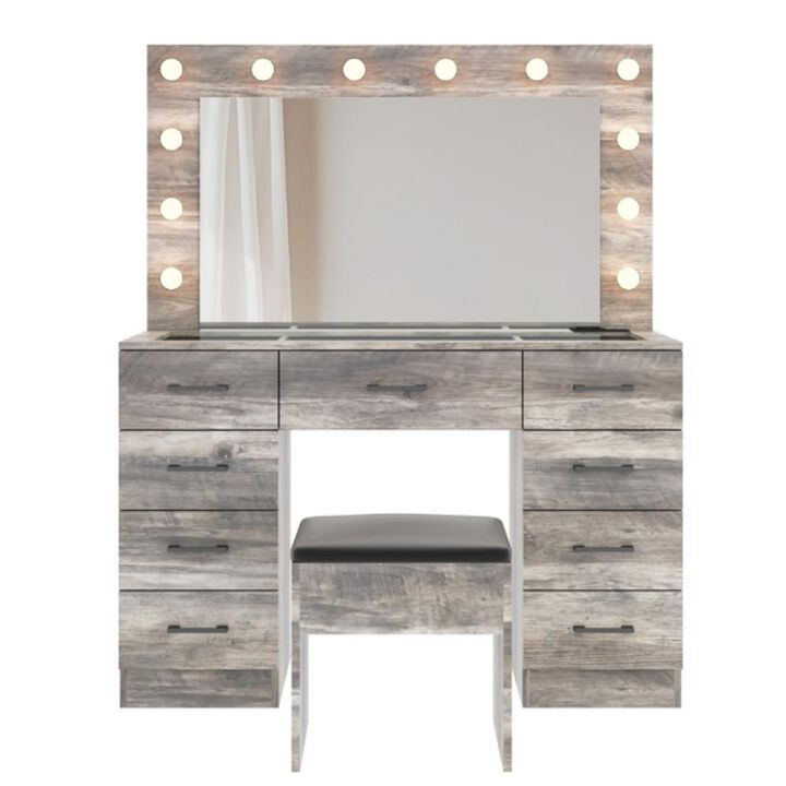 Vanity Desk Set with Large Lighted Mirror and Power Outlet – Modern Makeup Table with Storage and Charging Station