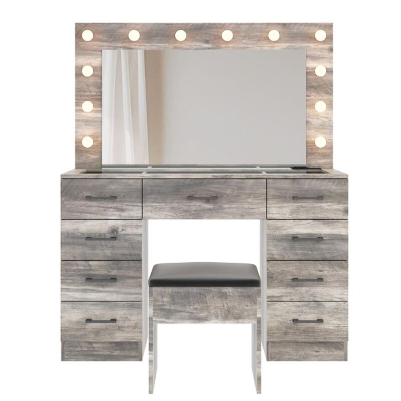Vanity Desk Set with Large Lighted Mirror and Power Outlet &ndash; Modern Makeup Table with Storage and Charging Station