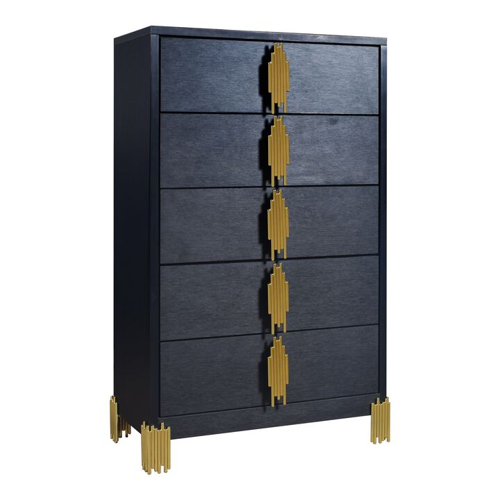 Theo Tall Dresser Chest, 5 Drawers, Vertical Gold Handles, Black Wood - Benzara