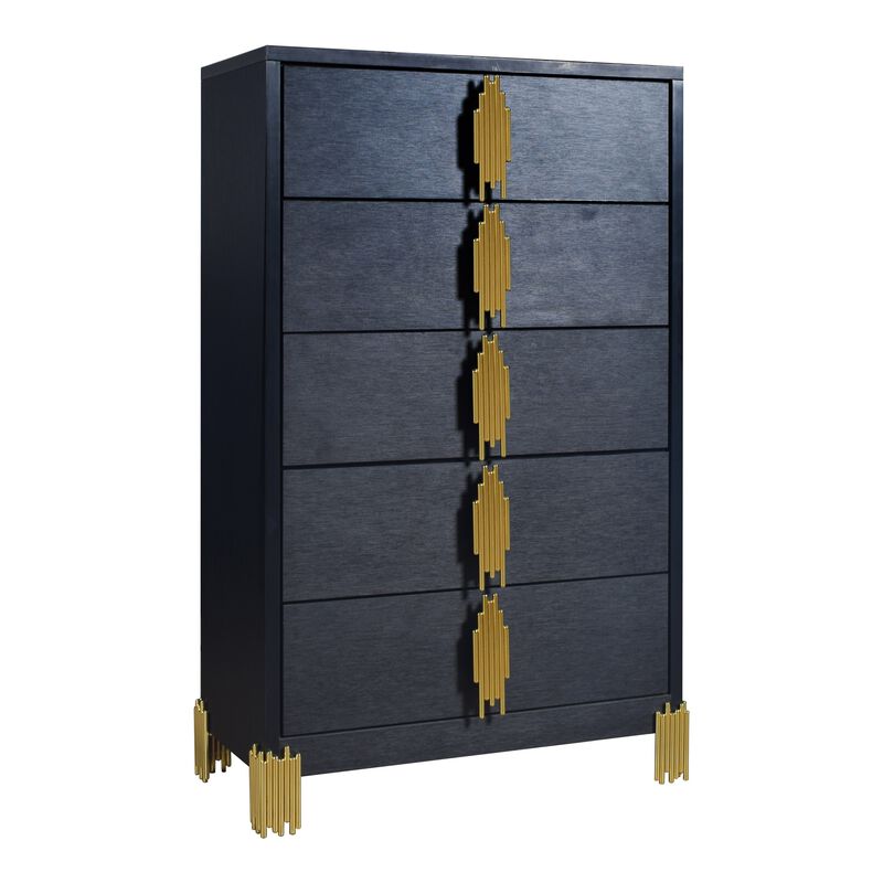 Theo Tall Dresser Chest, 5 Drawers, Vertical Gold Handles, Black Wood - Benzara