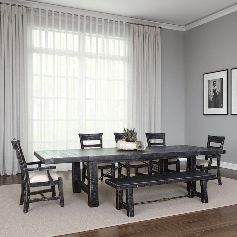Rena Dining Table, 2 Extension Leaves, 86-122 Inch Black Mahogany Wood - Benzara