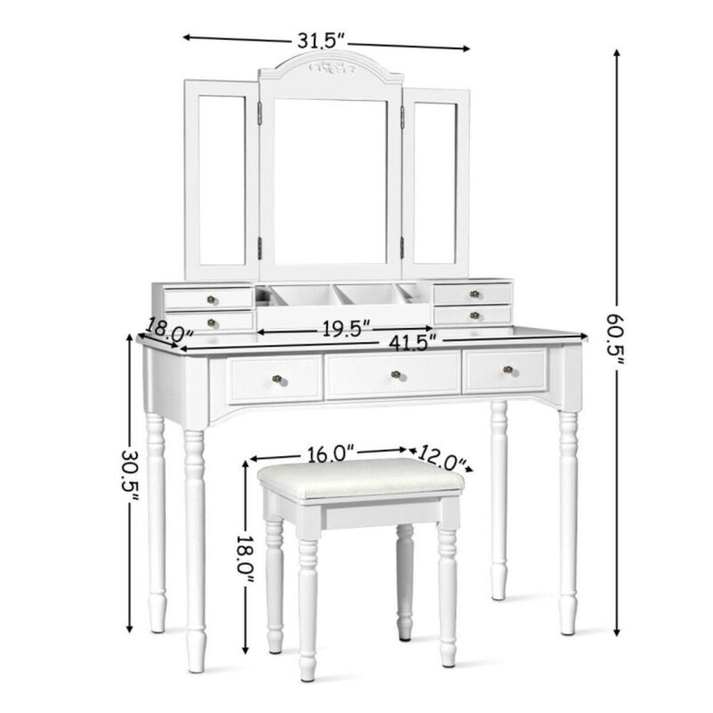 Hivvago Makeup Dressing Table with Tri-Folding Mirror and Cushioned Stool for Women