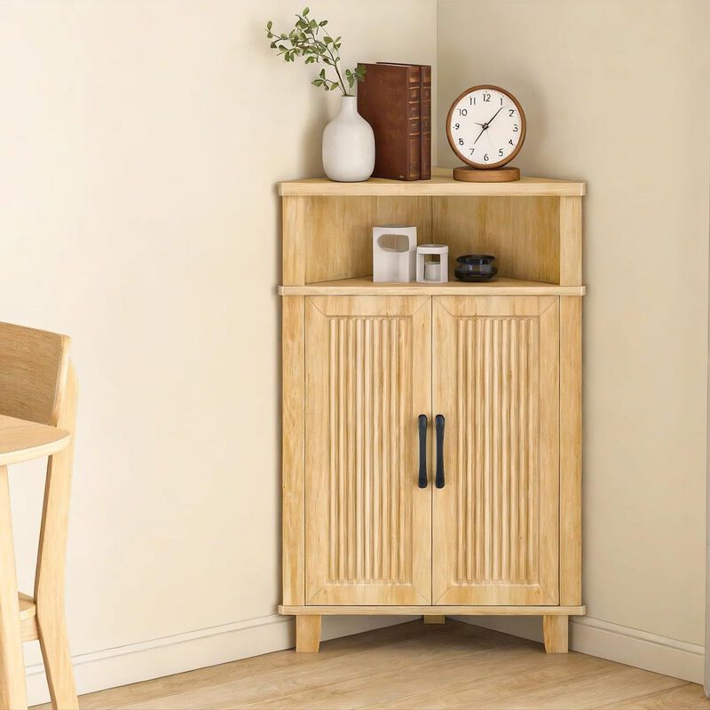 Wooden Fluted Corner Storage Cabinet with Door, Compact Space Saving Design-Beige image number 3
