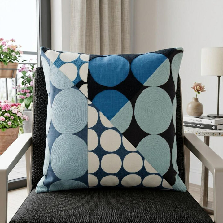HomeRoots 20" Blue and Ivory Geometric Cotton Throw Pillow  With Embroidery